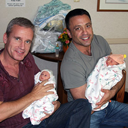 Brian Rosenberg '87 (right) and his husband, Ferd van Gameren, seen here with twin daughters Ella and Sadie, founded Gays with Kids in 2014 to help guide gay fathers through parenthood.
