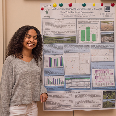 Isis Torres Nunez '20 poses next to a poster detailing her research. 