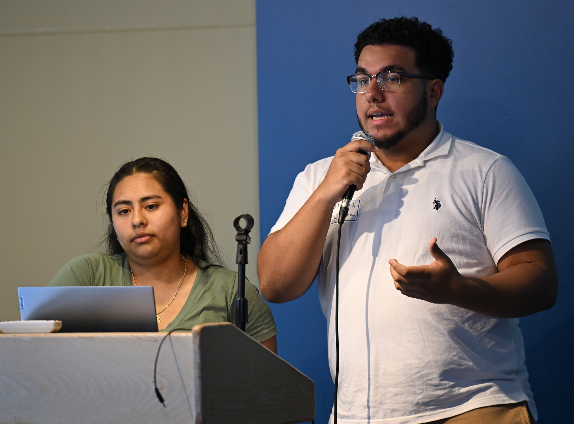 Summer Civic Leaders Wilson Hernandez ‘26 and Bella Castellano Palacios ‘25 offer the final presentation on their project Thursday, June 29, 2023 at Cro’s Nest. Pairs of students, generally rising second and third year, are matched with community organizations through the Holleran Center for Community Action and the Community Foundation of Eastern Connecticut.